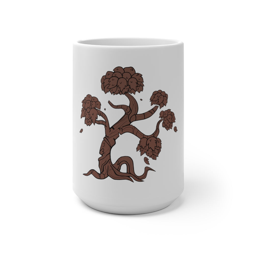 A white ceramic mug with a tree design that changes color when filled with hot liquid, showcasing its unique feature.