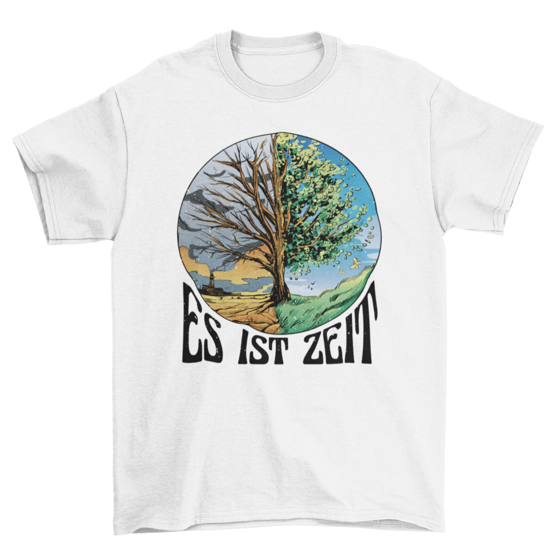 A stylish t-shirt featuring a vibrant tree design representing spring and fall, with the quote 'It's time' elegantly displayed.