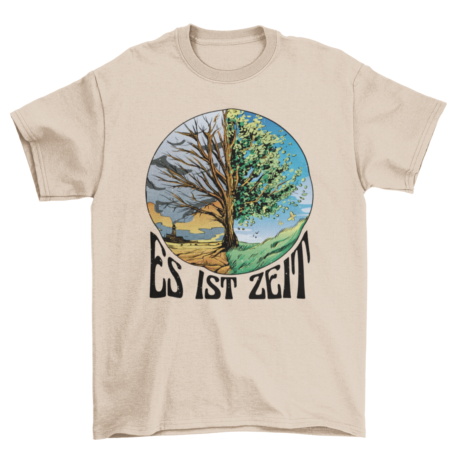 A stylish t-shirt featuring a vibrant tree design representing spring and fall, with the quote 'It's time' elegantly displayed.