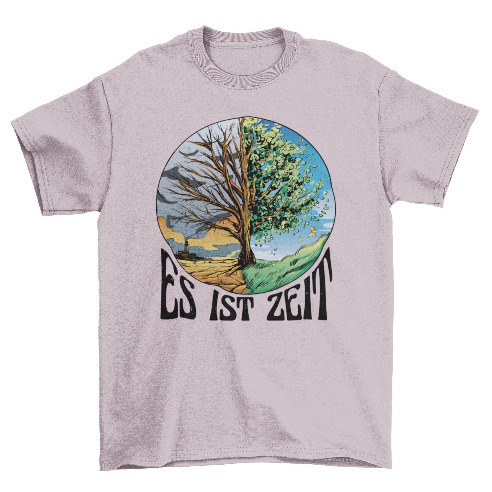 A stylish t-shirt featuring a vibrant tree design representing spring and fall, with the quote 'It's time' elegantly displayed.