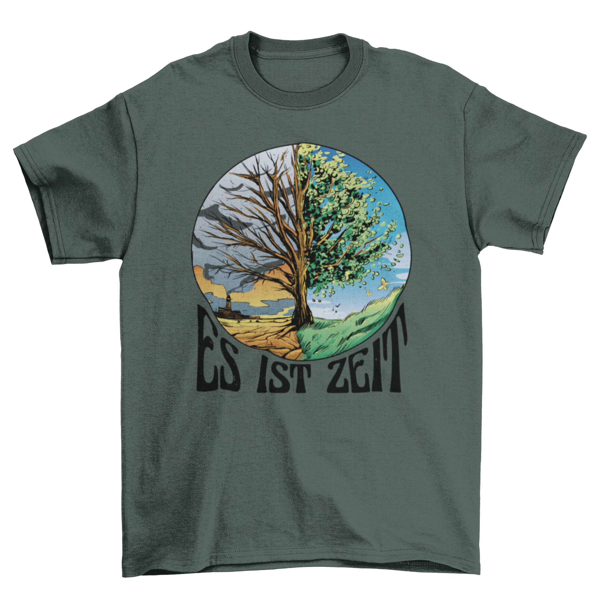 A stylish t-shirt featuring a vibrant tree design representing spring and fall, with the quote 'It's time' elegantly displayed.