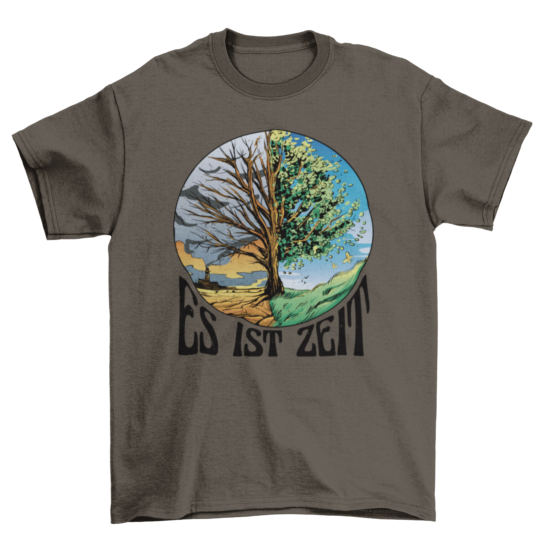 A stylish t-shirt featuring a vibrant tree design representing spring and fall, with the quote 'It's time' elegantly displayed.