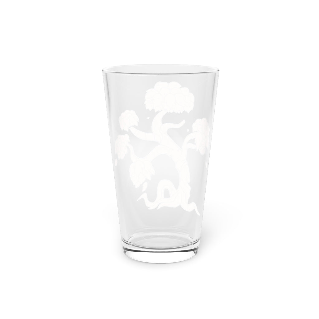 A clear 16oz Tree Pint Glass showcasing a customizable design, perfect for beverages and gifting.