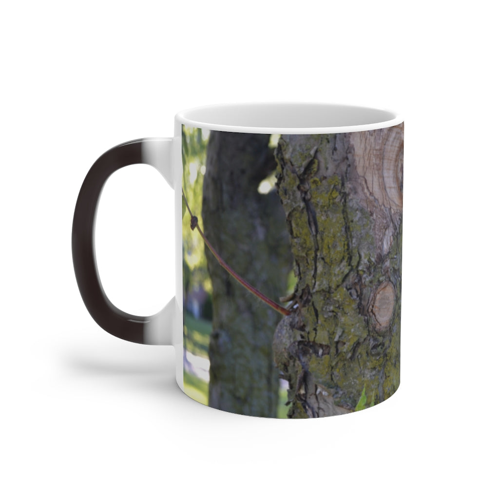 A color-changing ceramic mug featuring a tree stump and green leaves design, showcasing its vibrant colors when filled with hot liquid.