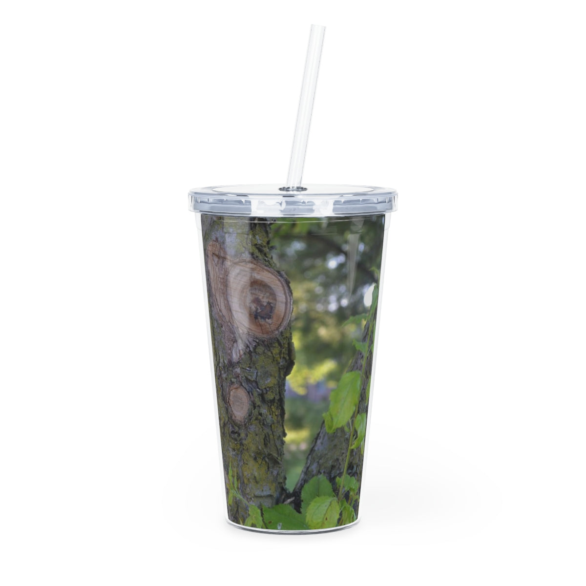Tree Stump and Green Leaves Plastic Tumbler with Straw, featuring a nature-inspired design and a convenient lid and straw.