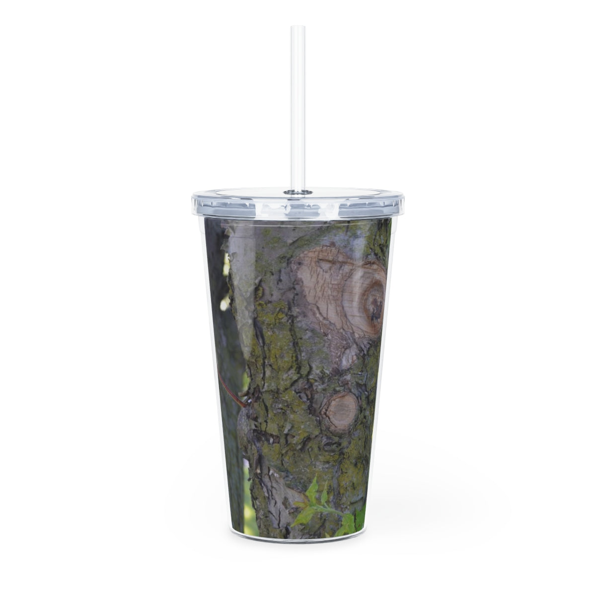 Tree Stump and Green Leaves Plastic Tumbler with Straw, featuring a nature-inspired design and a convenient lid and straw.