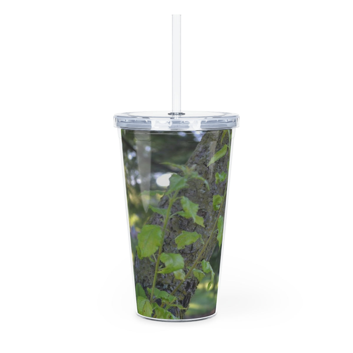 Tree Stump and Green Leaves Plastic Tumbler with Straw, featuring a nature-inspired design and a convenient lid and straw.
