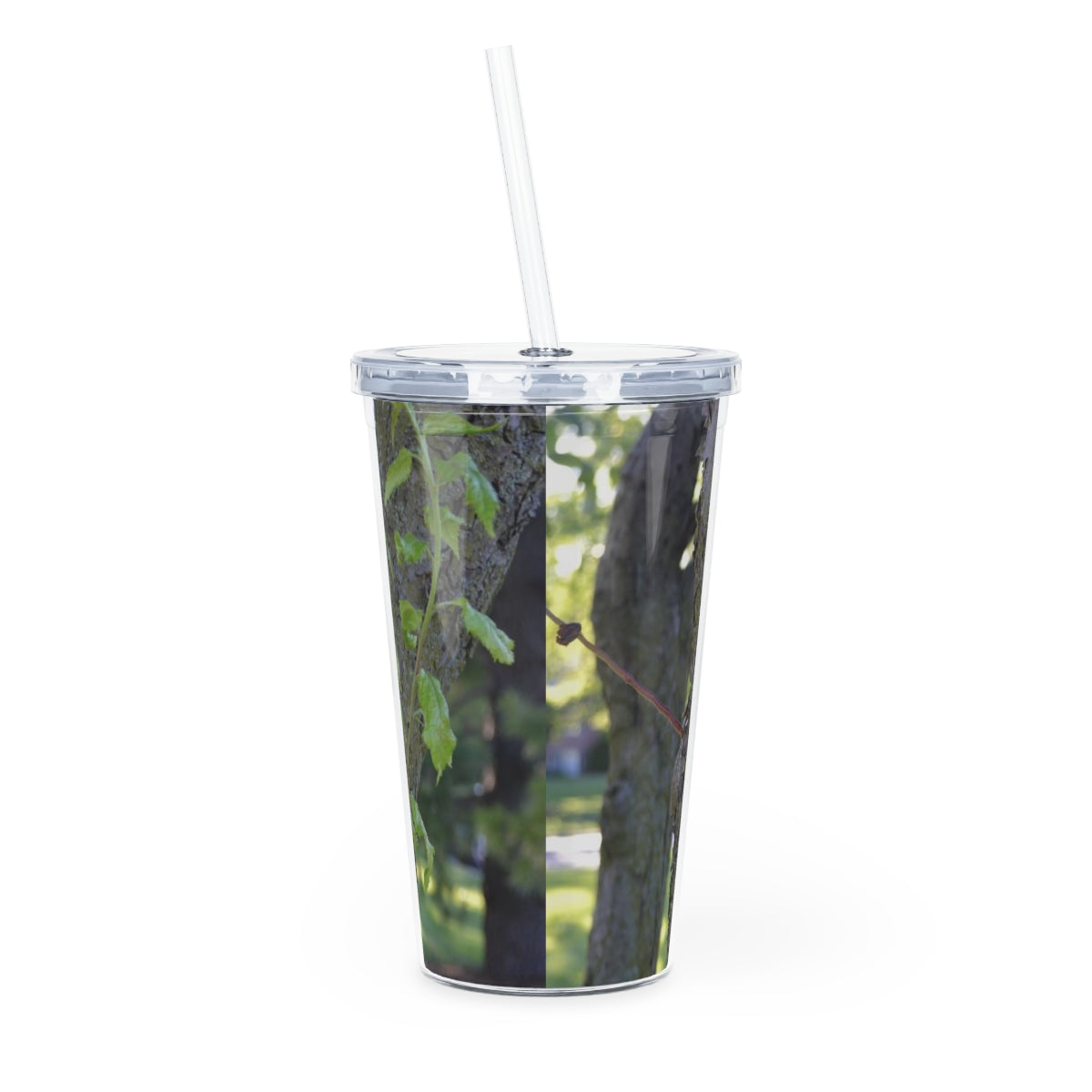 Tree Stump and Green Leaves Plastic Tumbler with Straw, featuring a nature-inspired design and a convenient lid and straw.