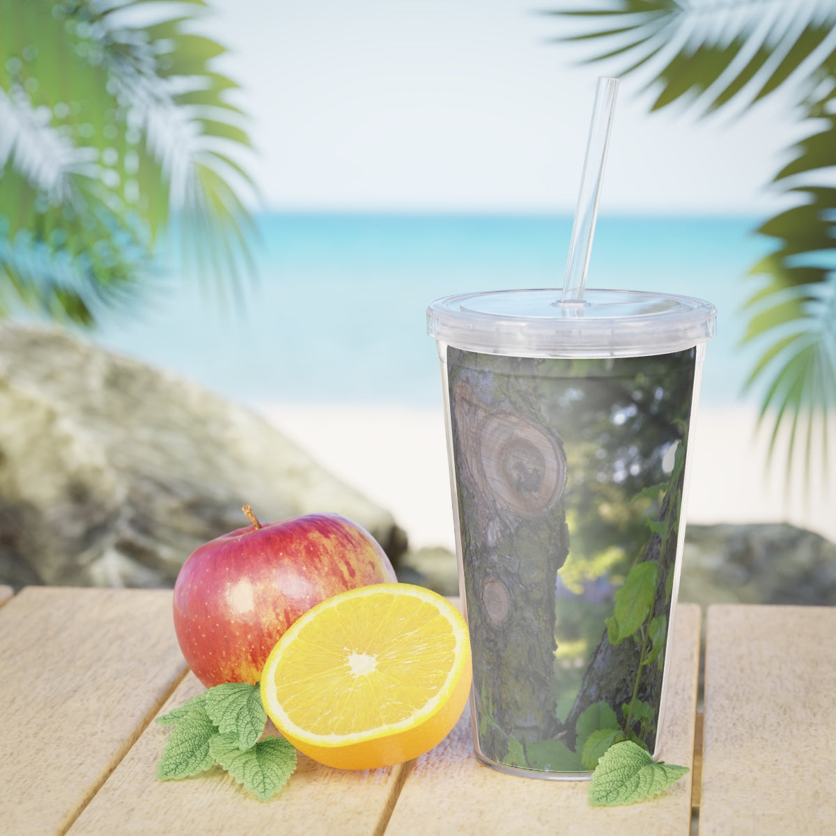 Tree Stump and Green Leaves Plastic Tumbler with Straw, featuring a nature-inspired design and a convenient lid and straw.