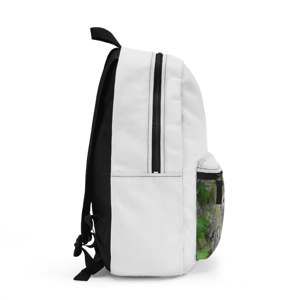 Tree Stump Backpack made from durable spun polyester, featuring adjustable straps and a custom name tag, perfect for outdoor adventures.