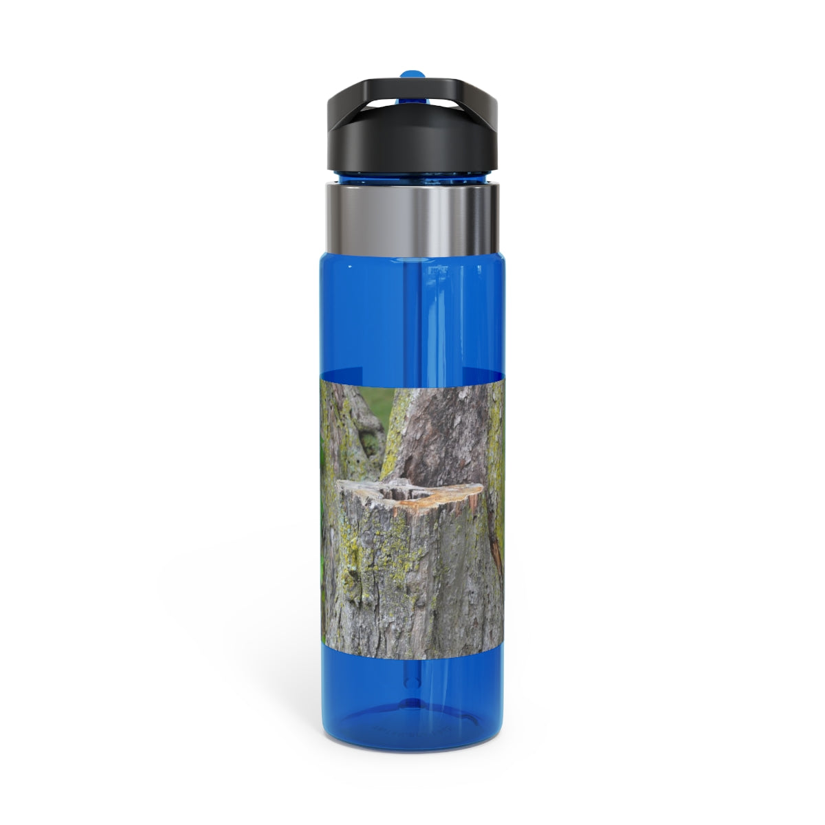 Tree Stump Kensington Tritan™ Sport Bottle in 20oz, featuring a screw-on lid, straw, and carabiner hook, made from durable BPA-free Tritan plastic.