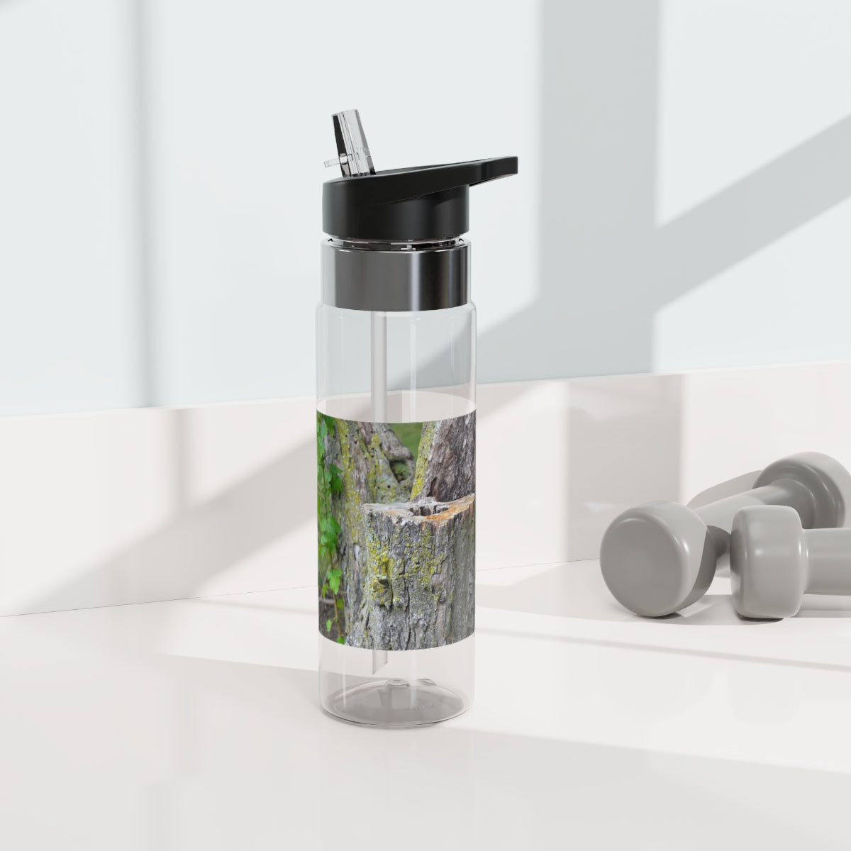 Tree Stump Kensington Tritan™ Sport Bottle in 20oz, featuring a screw-on lid, straw, and carabiner hook, made from durable BPA-free Tritan plastic.