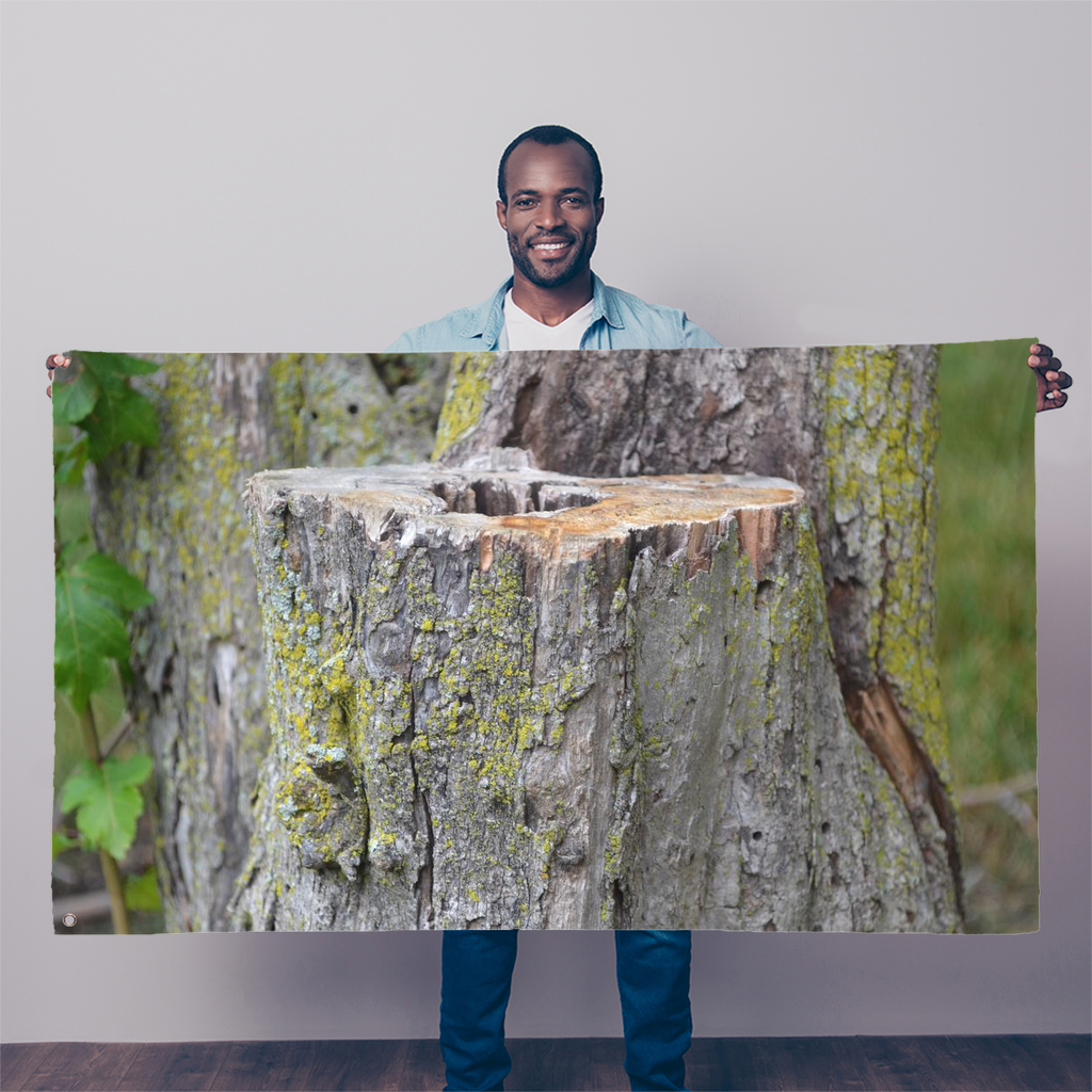 Tree Stump Sublimation Flag featuring a vibrant tree stump design on durable polyester fabric, ideal for indoor or outdoor display.