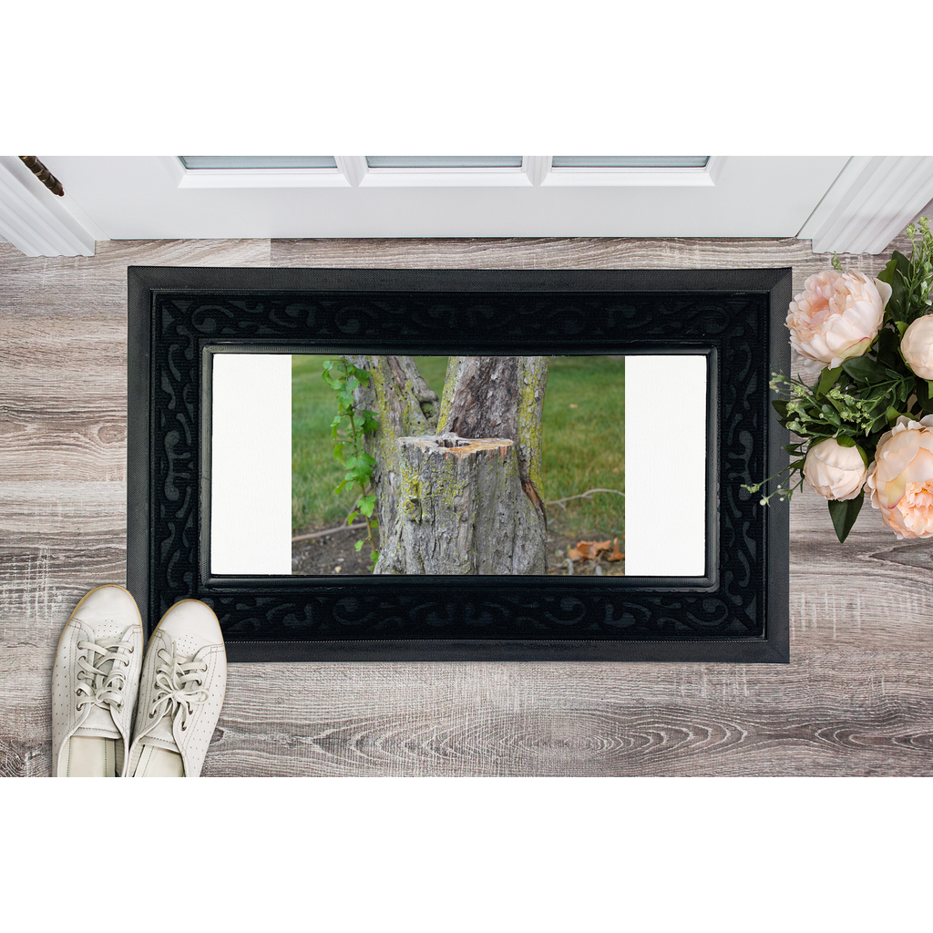Tree Stump Sublimation Heavy Duty Door Mat with a removable fabric center and non-slip rubber base, featuring a stylish brush border.