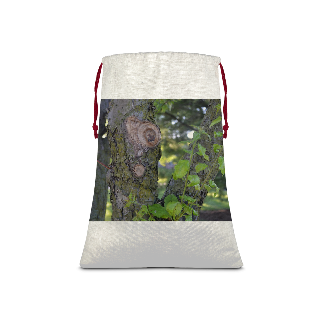 Tree Stump Sublimation Linen Drawstring Sack with red drawstring, featuring eco-friendly print and durable linen effect fabric.
