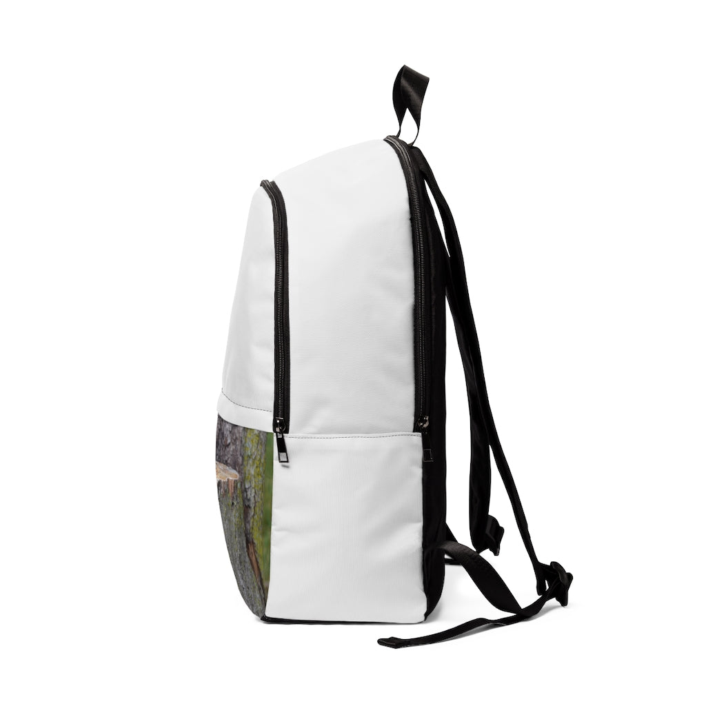 Tree Stump Unisex Fabric Backpack in soft nylon, featuring adjustable straps and a padded back panel, ideal for school and outdoor use.