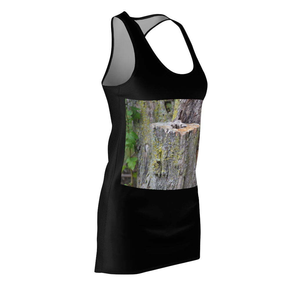 A stylish Tree Stump Women's Cut & Sew Racerback Dress featuring a unique tree stump pattern, perfect for casual outings and active lifestyles.
