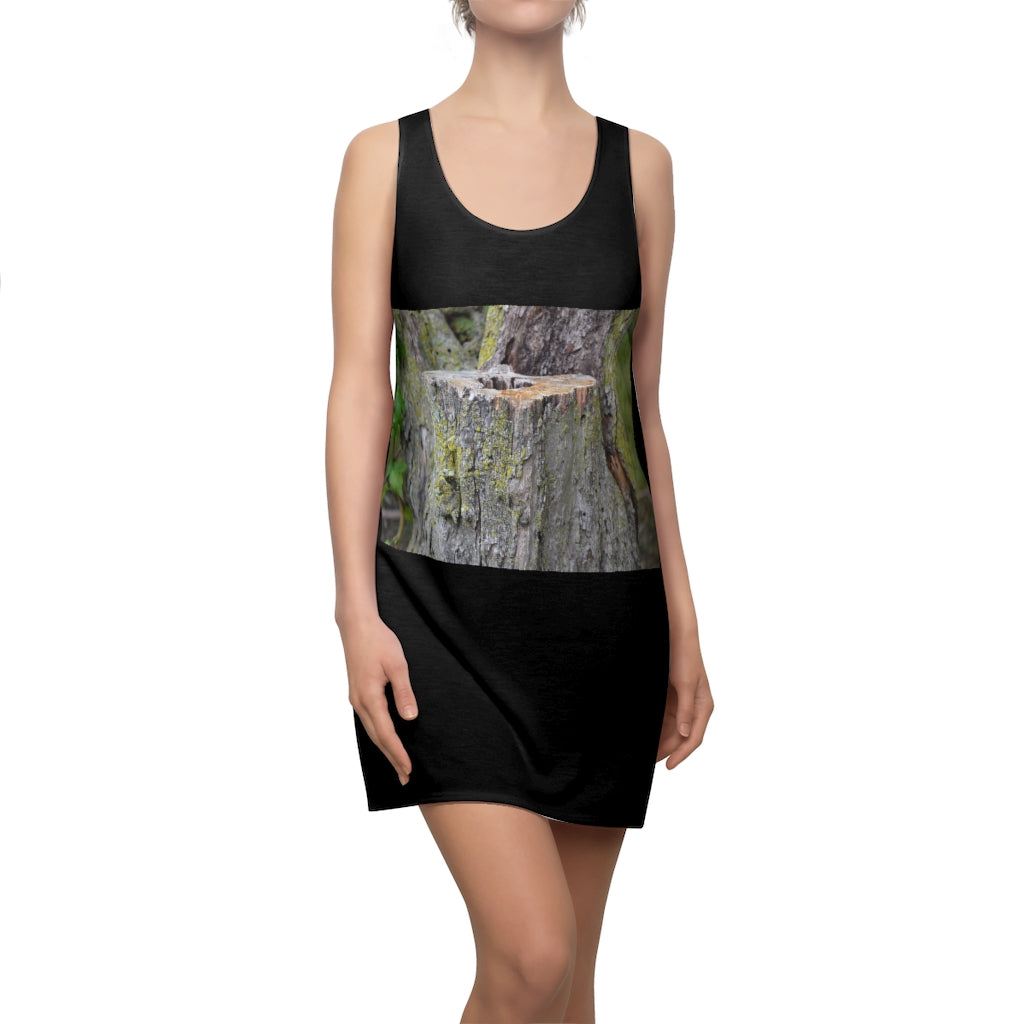 A stylish Tree Stump Women's Cut & Sew Racerback Dress featuring a unique tree stump pattern, perfect for casual outings and active lifestyles.