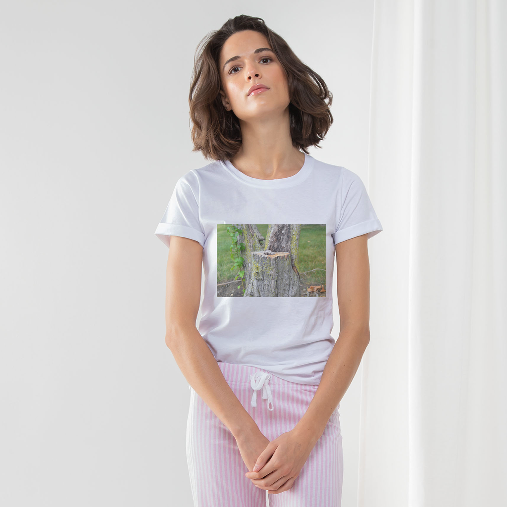 Tree Stump Women's Long Pant Pyjama Set featuring a white t-shirt, striped pants, and a matching drawcord bag in heather grey and light pink.