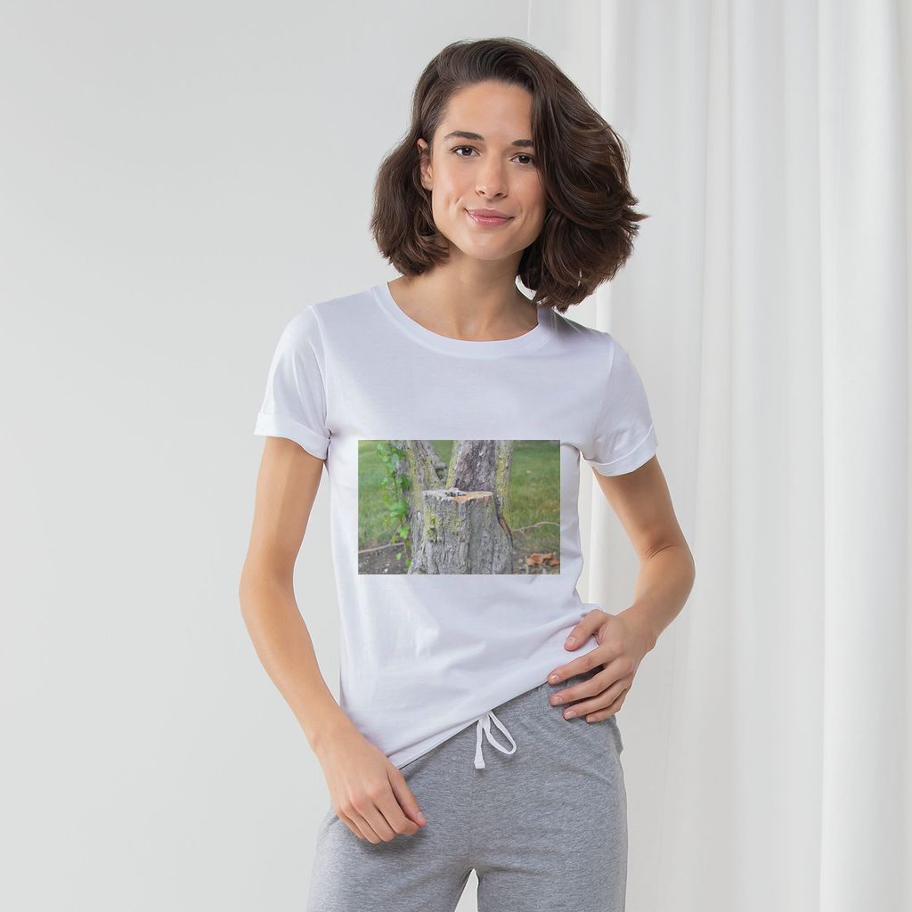 Tree Stump Women's Long Pant Pyjama Set featuring a white t-shirt, striped pants, and a matching drawcord bag in heather grey and light pink.