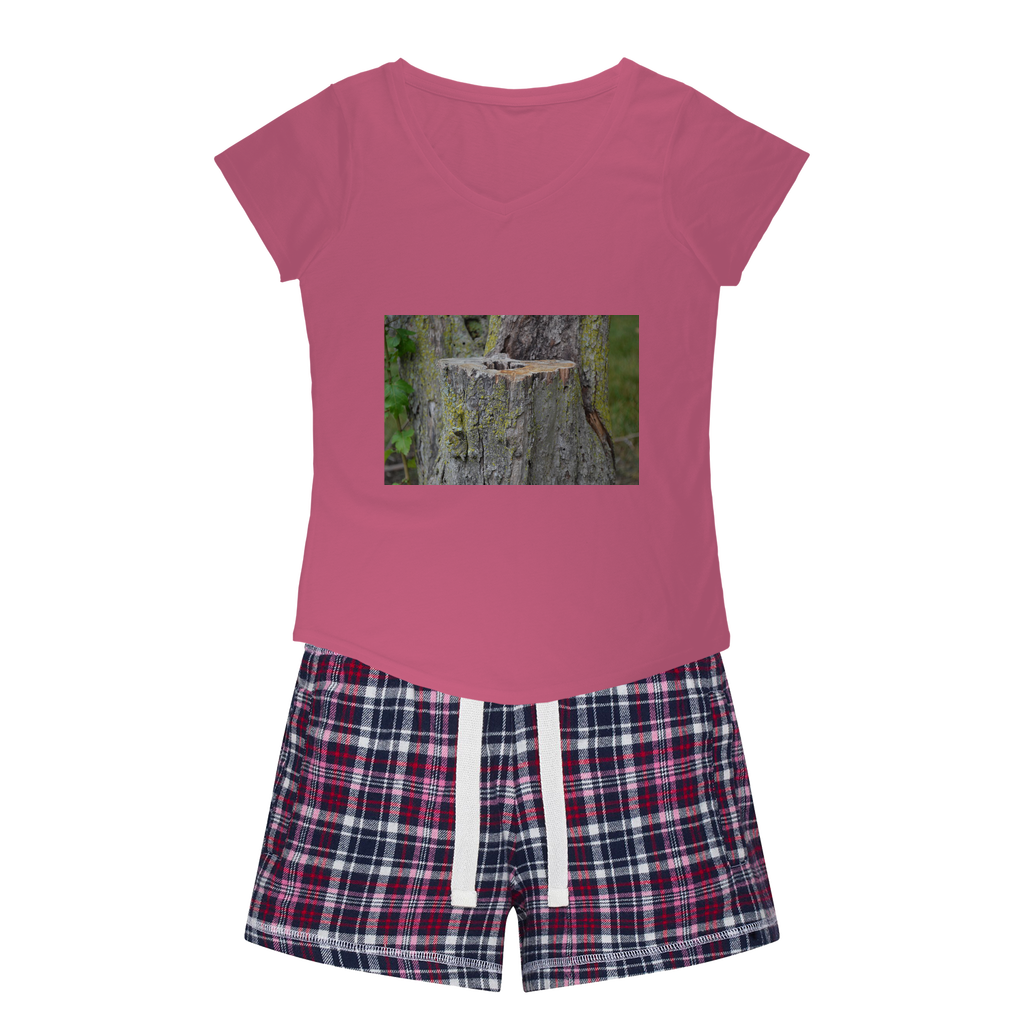 Tree Stump Women's Sleepy Tee and Flannel Short set featuring a relaxed fit T-shirt and colorful flannel shorts, perfect for cozy nights.
