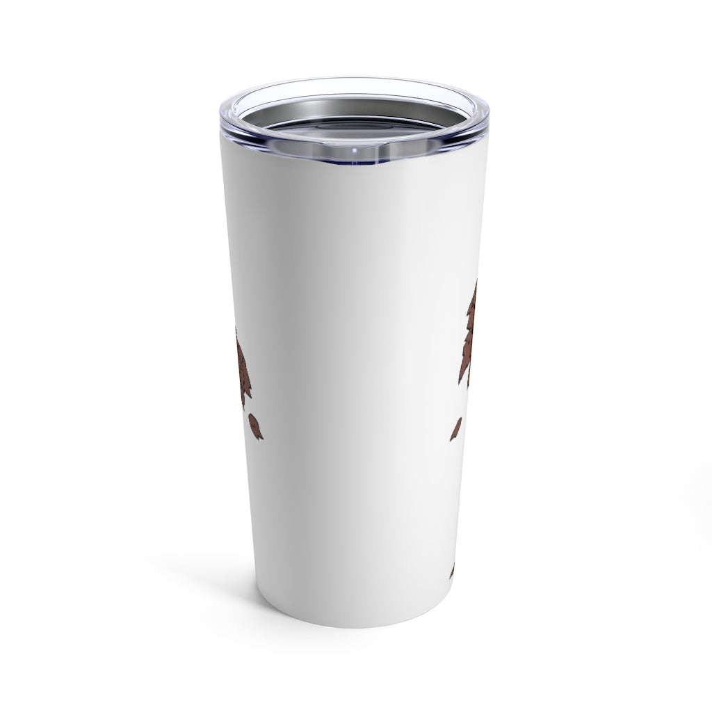 Tree Tumbler 20oz made of stainless steel with a see-thru plastic lid, showcasing a sleek design and rounded corners.