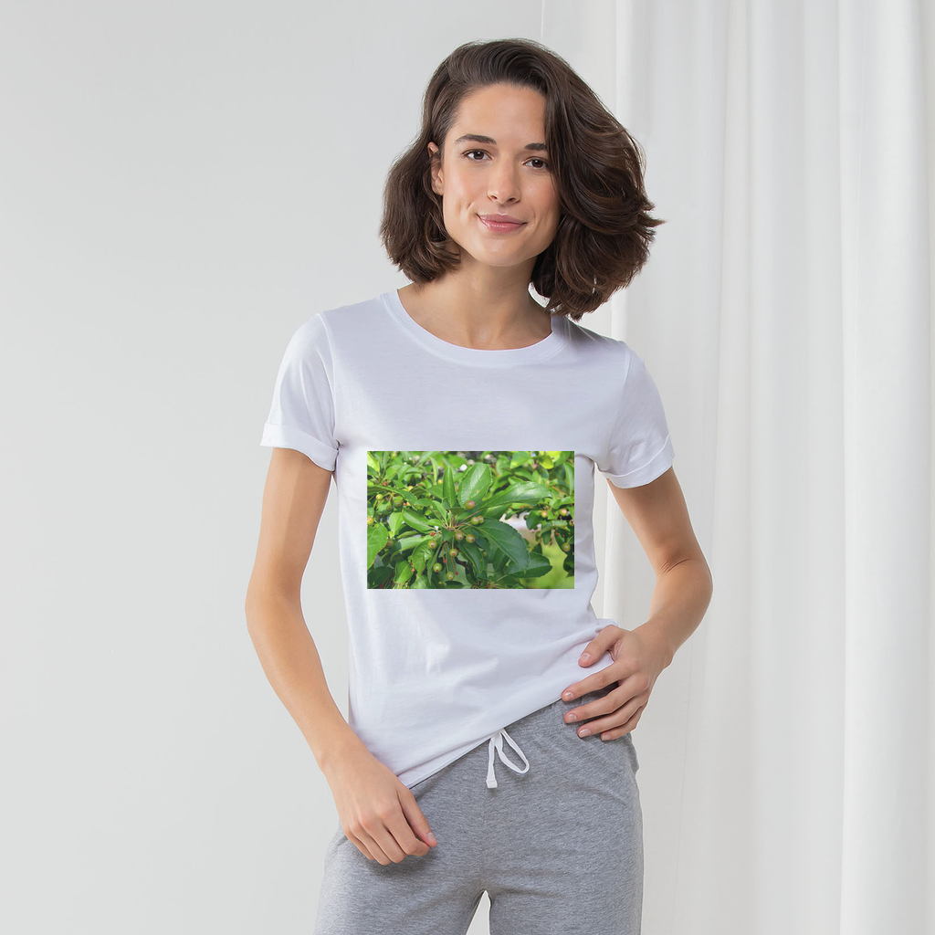 Tree with Seeds Women's Long Pant Pyjama Set featuring a white t-shirt, striped pants, and a matching drawcord bag, perfect for lounging.