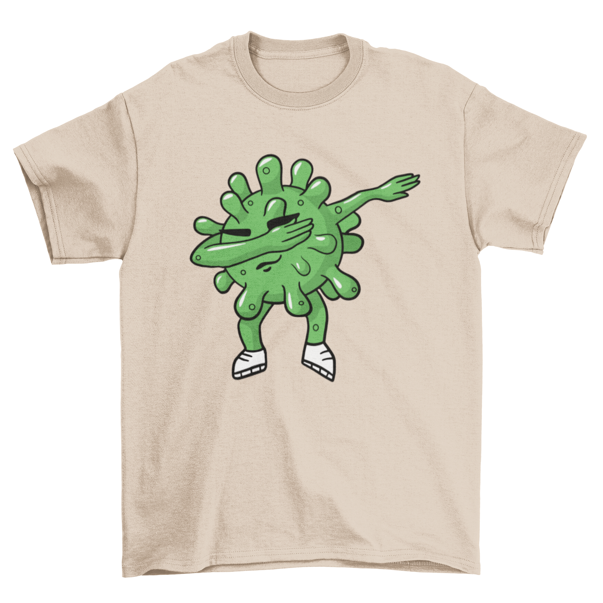 Cartoon germ dabbing on shirt.