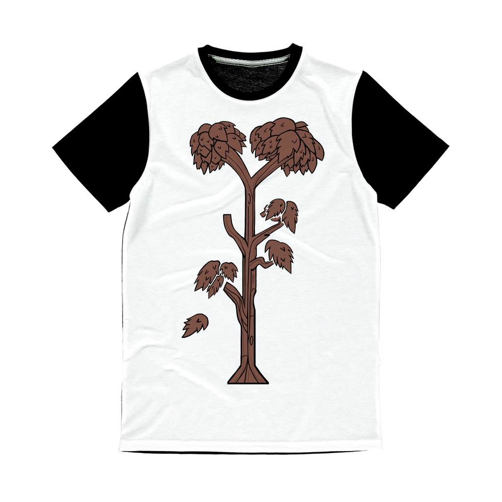 Trees Classic Sublimation Panel T-Shirt featuring vibrant front design and plain black back, ideal for sublimation printing.