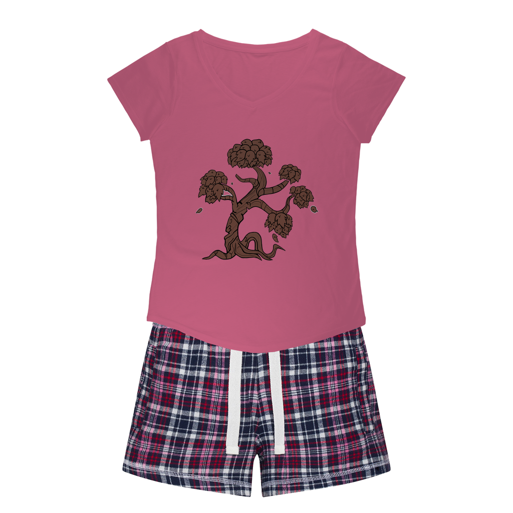 Trees Women's Sleepy Tee and Flannel Short set featuring a relaxed fit T-shirt and colorful flannel shorts, perfect for cozy nights.