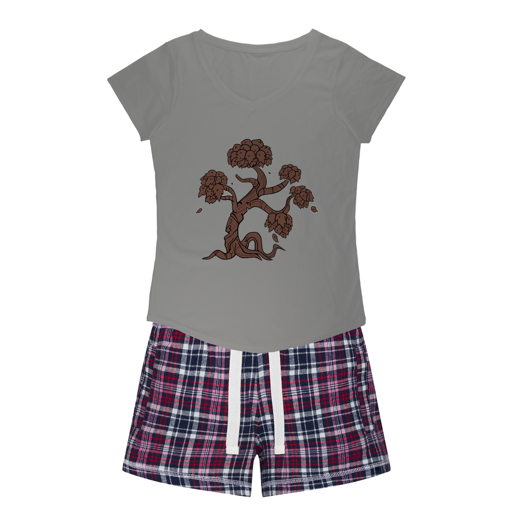Trees Women's Sleepy Tee and Flannel Short set featuring a relaxed fit T-shirt and colorful flannel shorts, perfect for cozy nights.