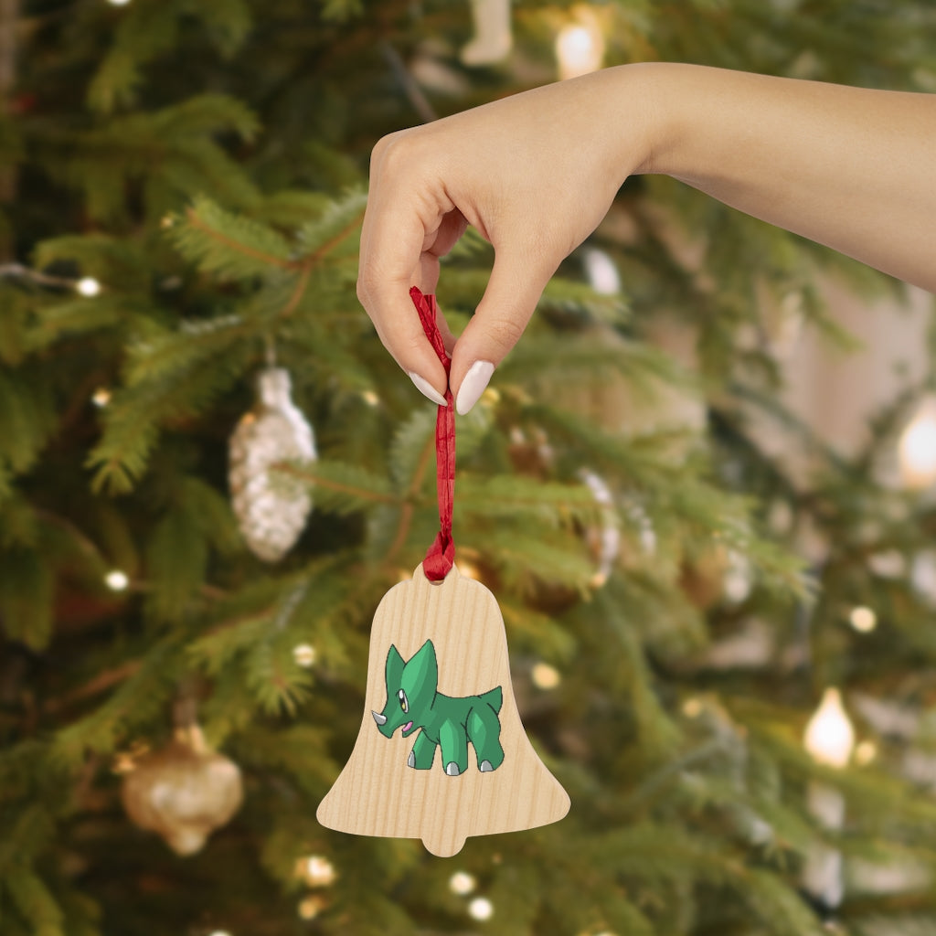 Treevetop Wooden Christmas Ornaments in various whimsical shapes, featuring a rustic wood finish and red hanging ribbons.