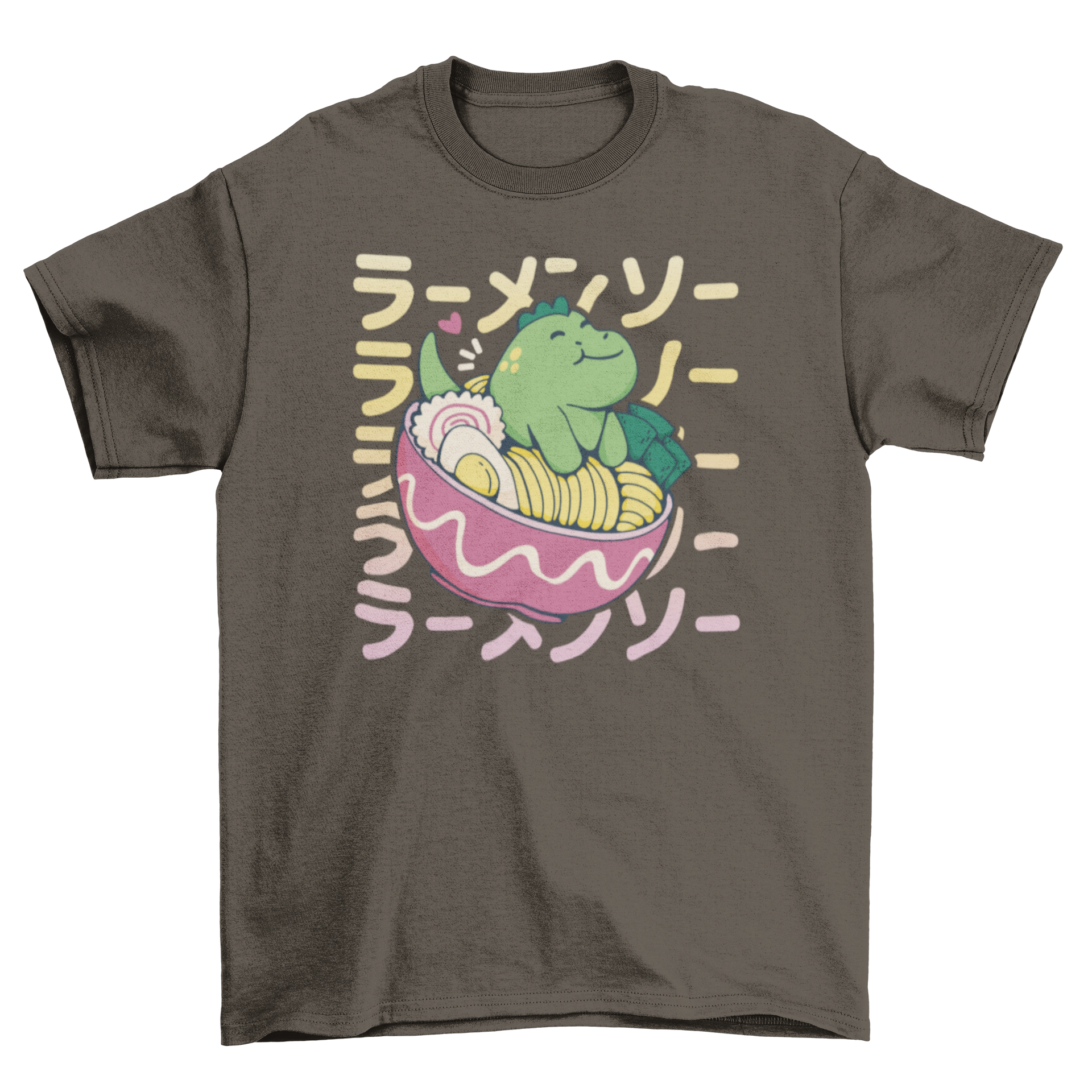 A cute T-rex sitting in a bowl of ramen on a stylish t-shirt, showcasing a playful and whimsical design.