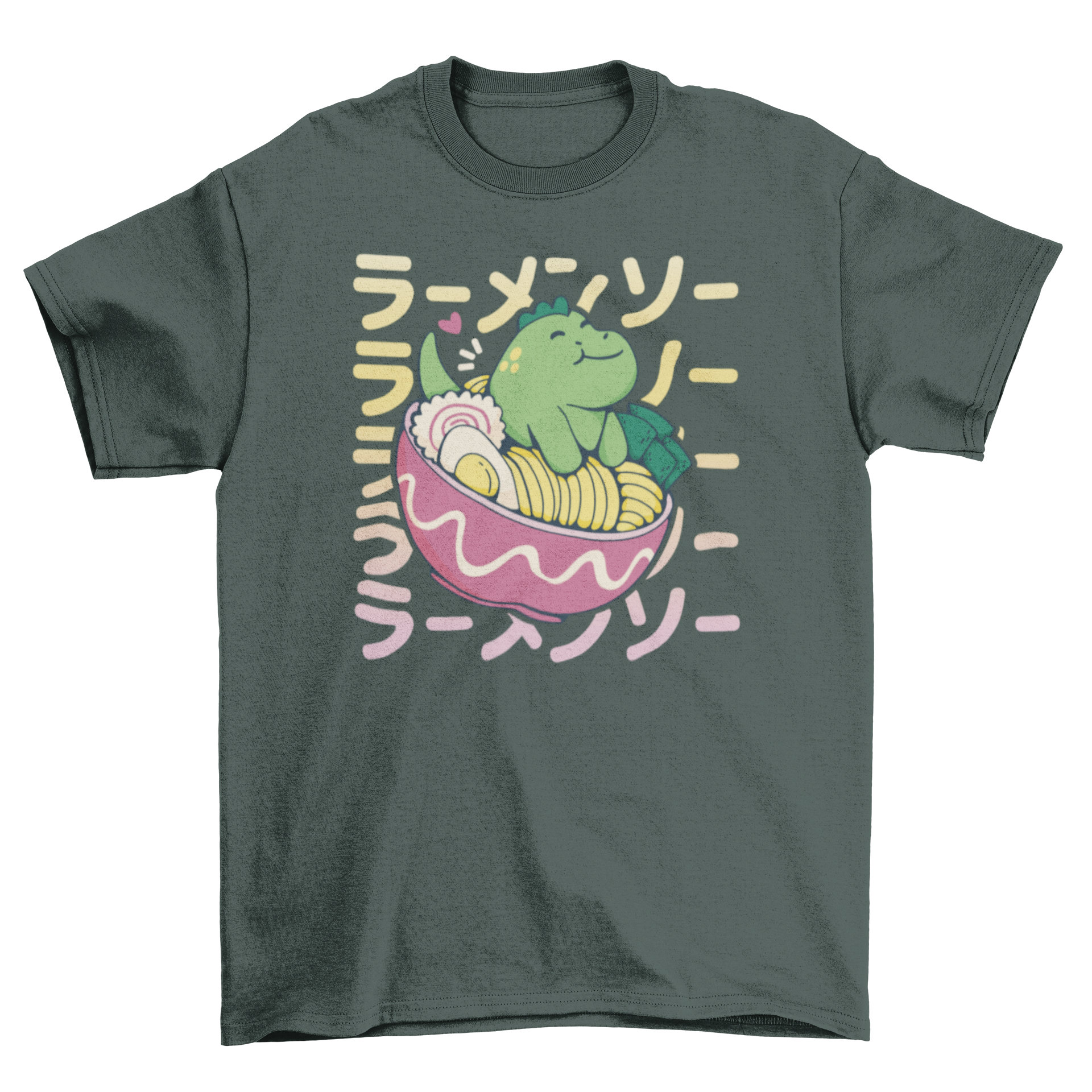 A cute T-rex sitting in a bowl of ramen on a stylish t-shirt, showcasing a playful and whimsical design.