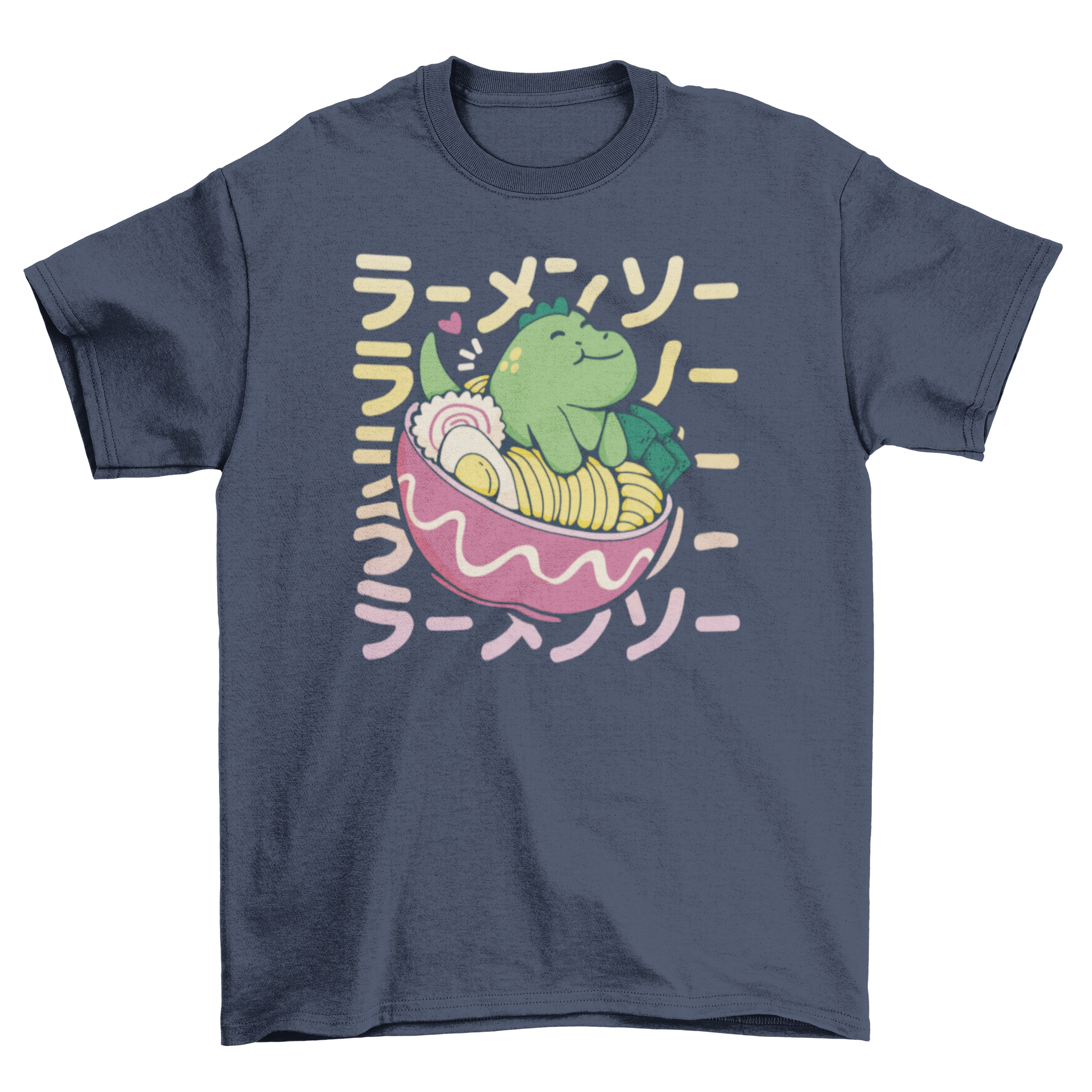 A cute T-rex sitting in a bowl of ramen on a stylish t-shirt, showcasing a playful and whimsical design.