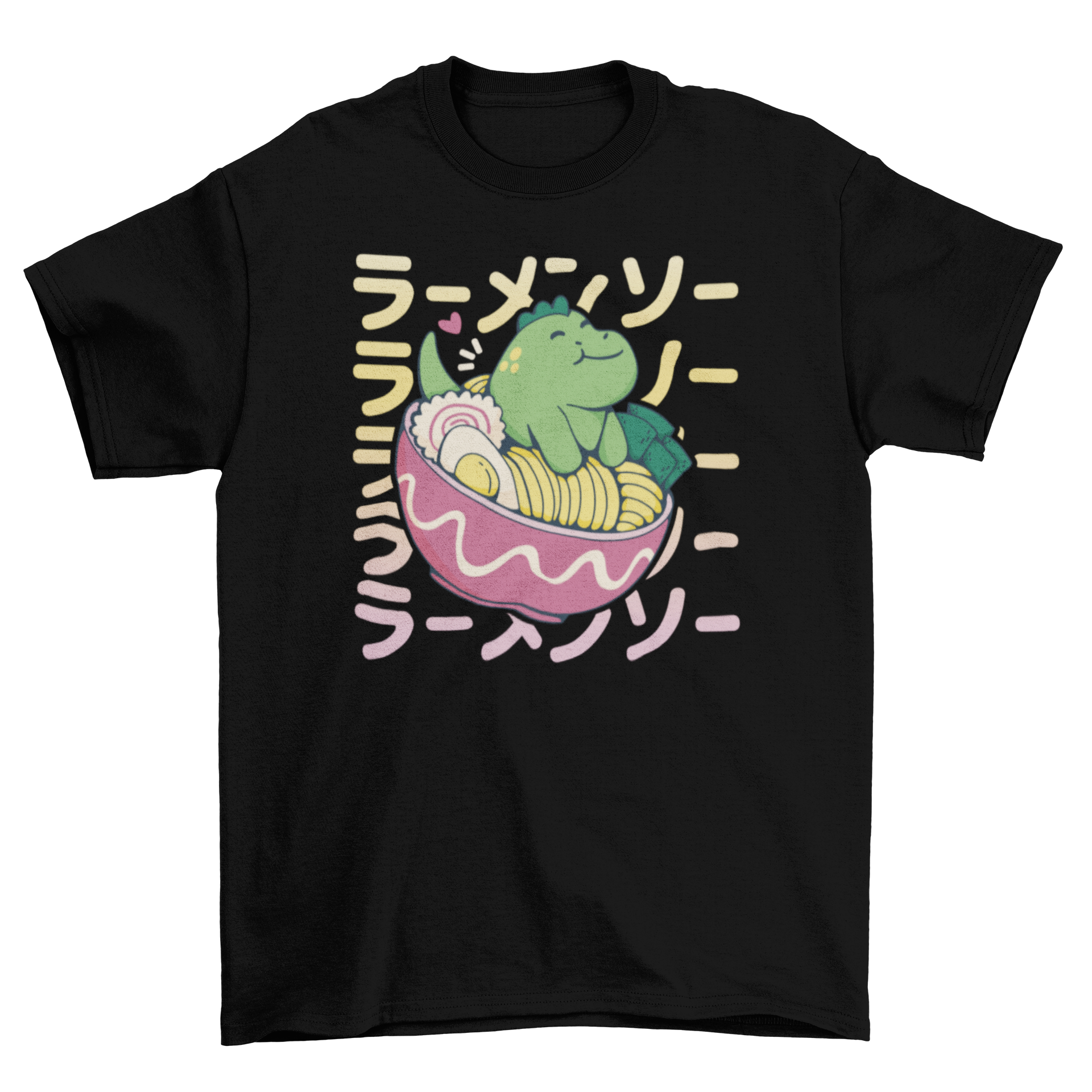 A cute T-rex sitting in a bowl of ramen on a stylish t-shirt, showcasing a playful and whimsical design.
