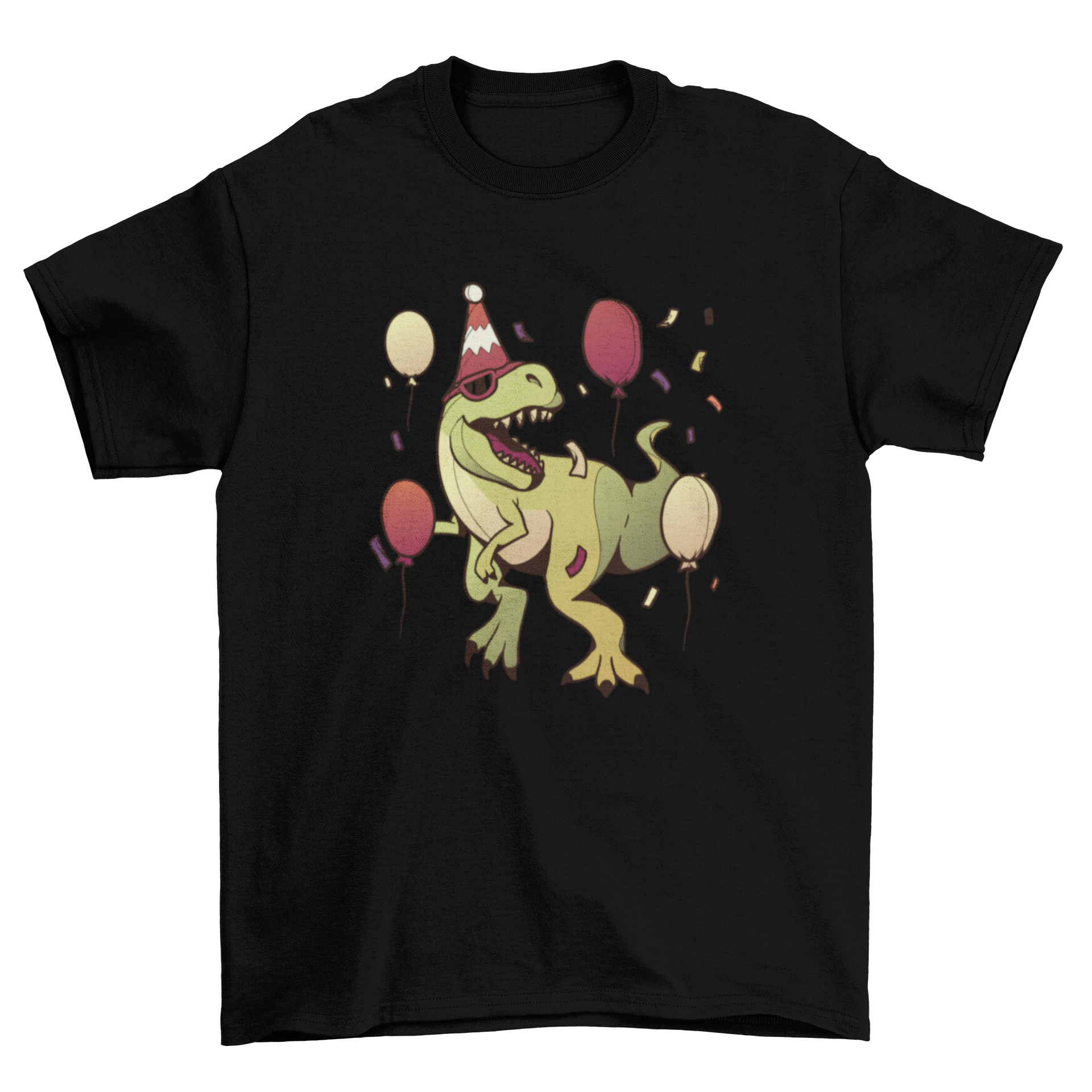 A colorful T-rex birthday party t-shirt design featuring a playful dinosaur holding balloons.