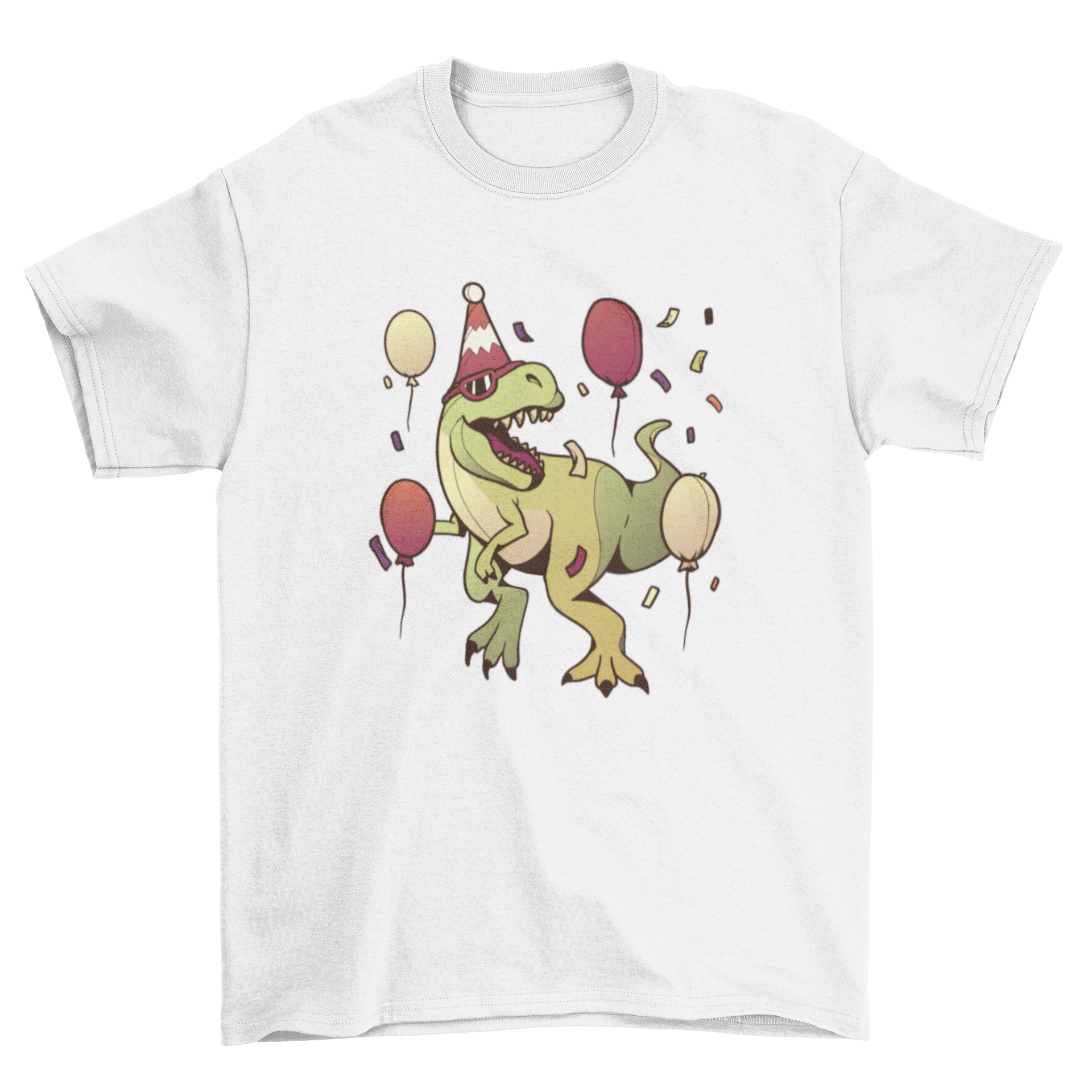 A colorful T-rex birthday party t-shirt design featuring a playful dinosaur holding balloons.