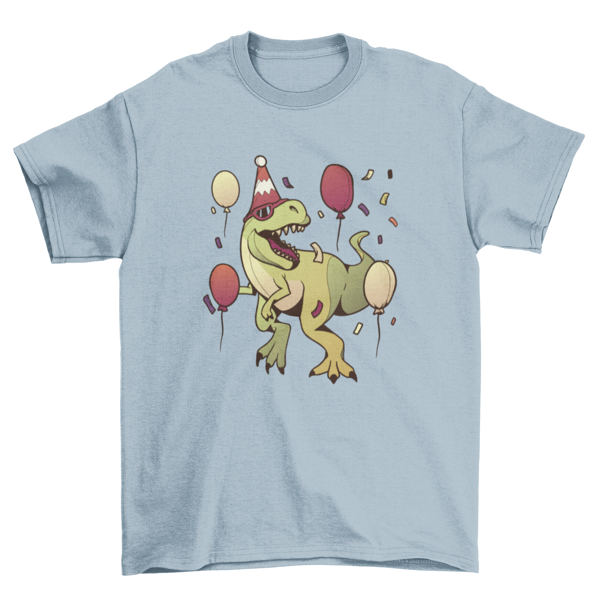 A colorful T-rex birthday party t-shirt design featuring a playful dinosaur holding balloons.
