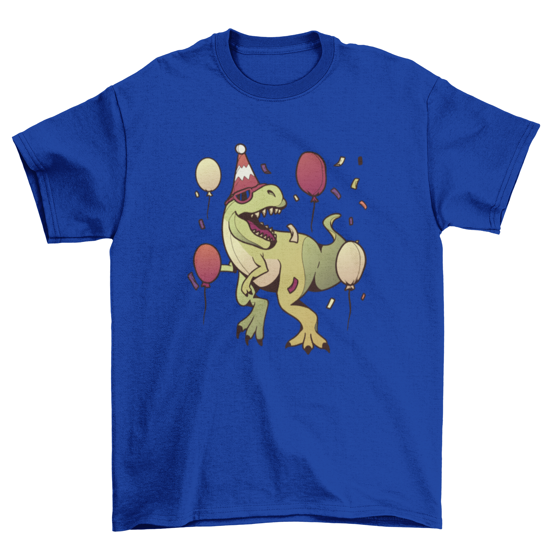A colorful T-rex birthday party t-shirt design featuring a playful dinosaur holding balloons.