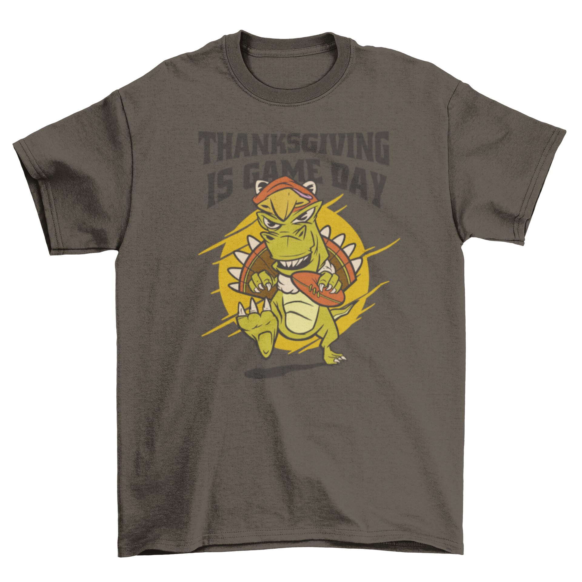 A playful T-rex dinosaur wearing a turkey costume, showcasing a fun Thanksgiving theme with the quote 'Thanksgiving is game day'.