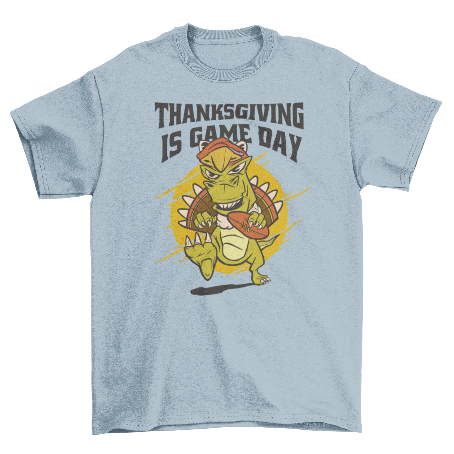 A playful T-rex dinosaur wearing a turkey costume, showcasing a fun Thanksgiving theme with the quote 'Thanksgiving is game day'.