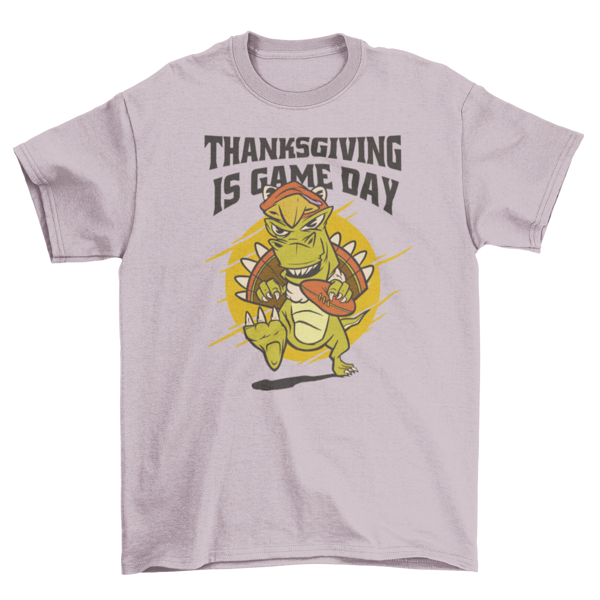 A playful T-rex dinosaur wearing a turkey costume, showcasing a fun Thanksgiving theme with the quote 'Thanksgiving is game day'.