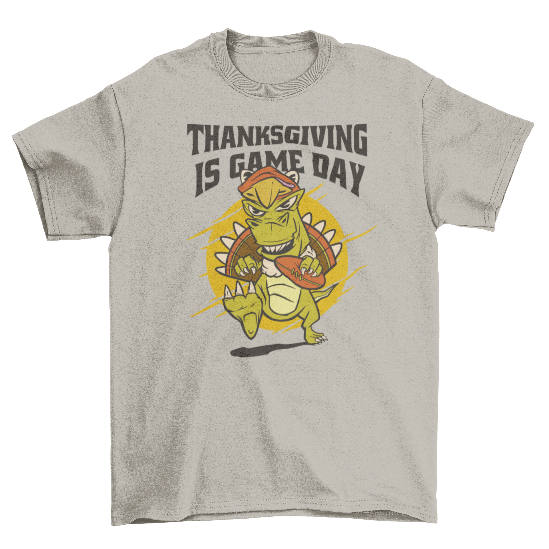 A playful T-rex dinosaur wearing a turkey costume, showcasing a fun Thanksgiving theme with the quote 'Thanksgiving is game day'.