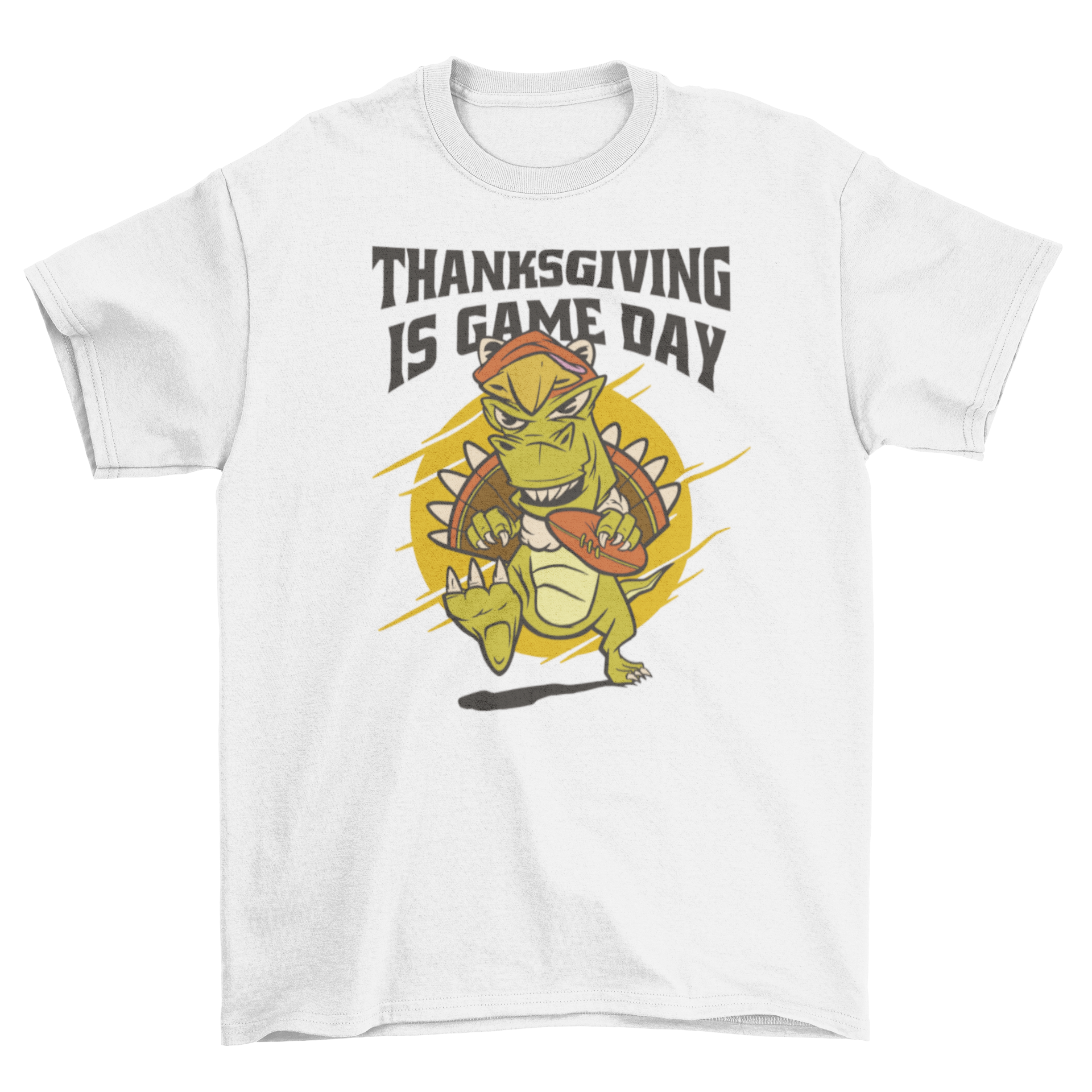 A playful T-rex dinosaur wearing a turkey costume, showcasing a fun Thanksgiving theme with the quote 'Thanksgiving is game day'.