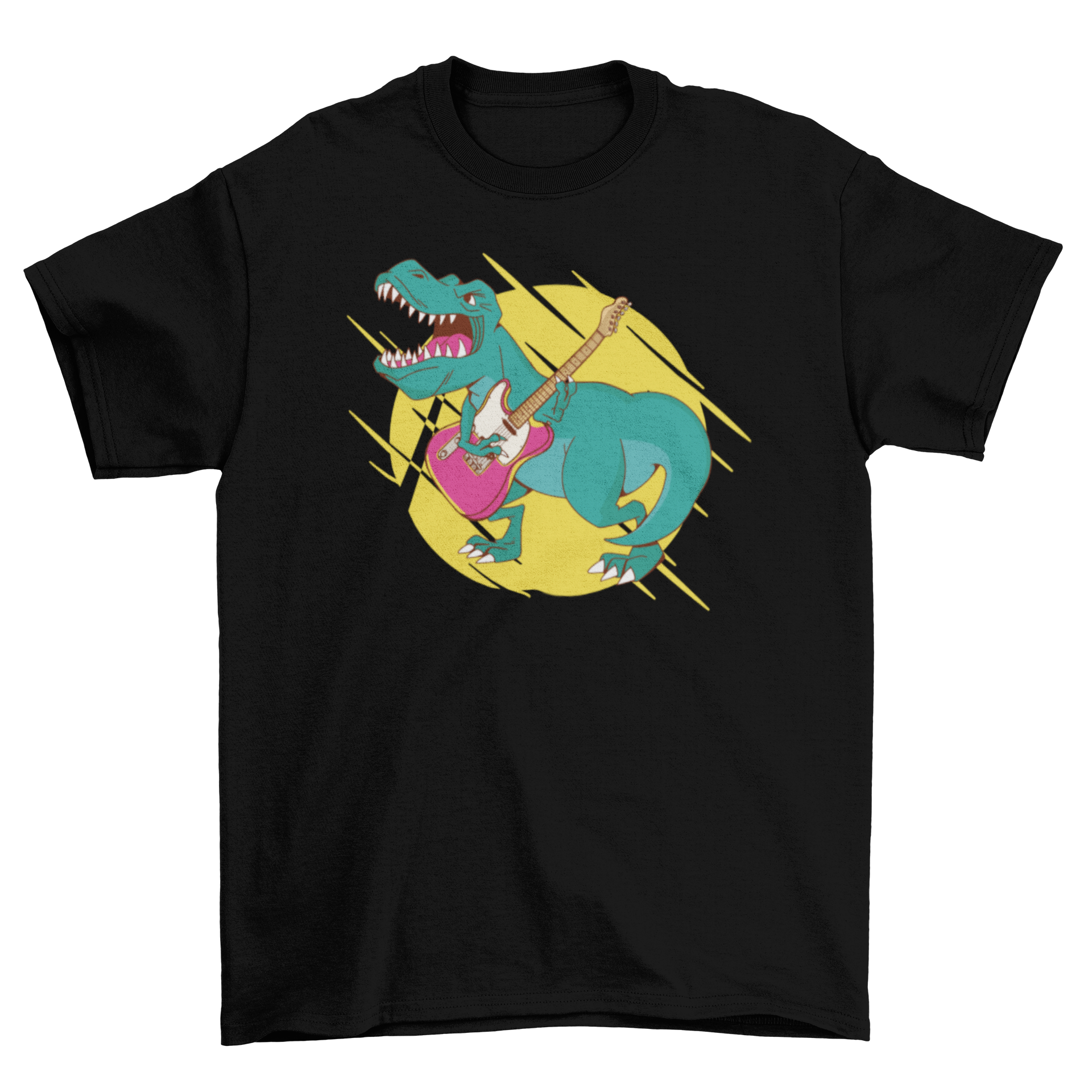 A vibrant t-shirt featuring a T-rex dinosaur playing a guitar, showcasing a fun and unique design.
