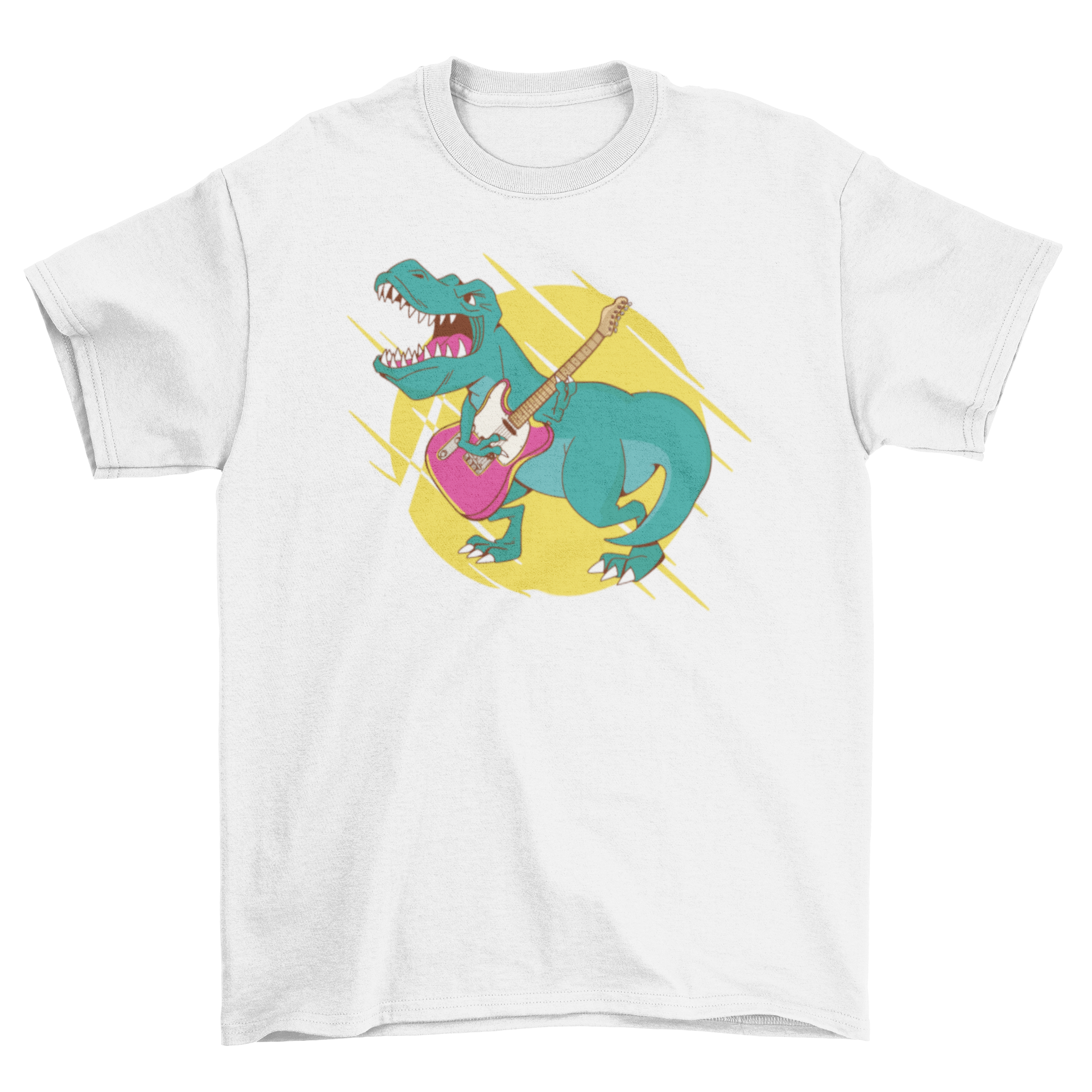 A vibrant t-shirt featuring a T-rex dinosaur playing a guitar, showcasing a fun and unique design.