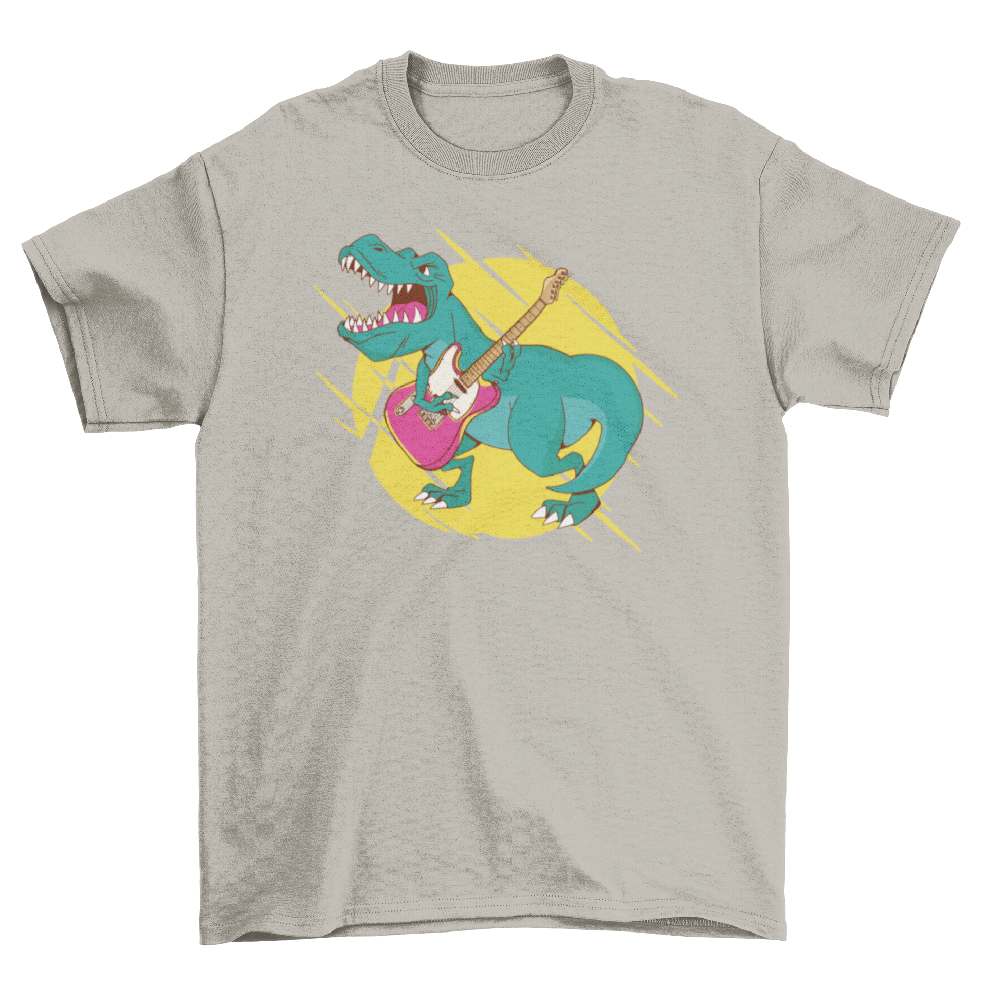 A vibrant t-shirt featuring a T-rex dinosaur playing a guitar, showcasing a fun and unique design.