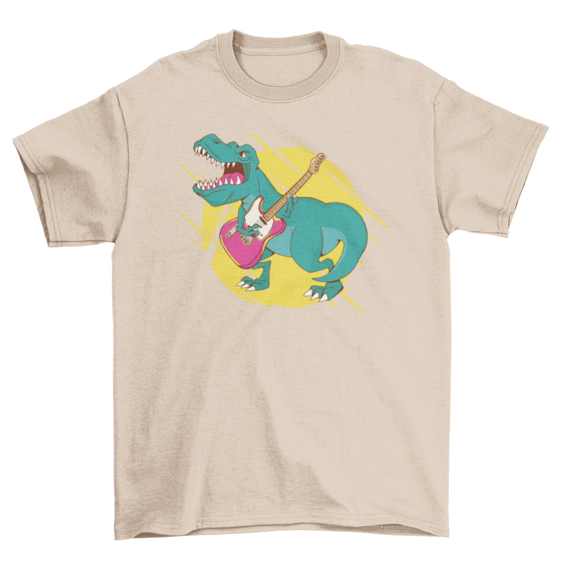 A vibrant t-shirt featuring a T-rex dinosaur playing a guitar, showcasing a fun and unique design.