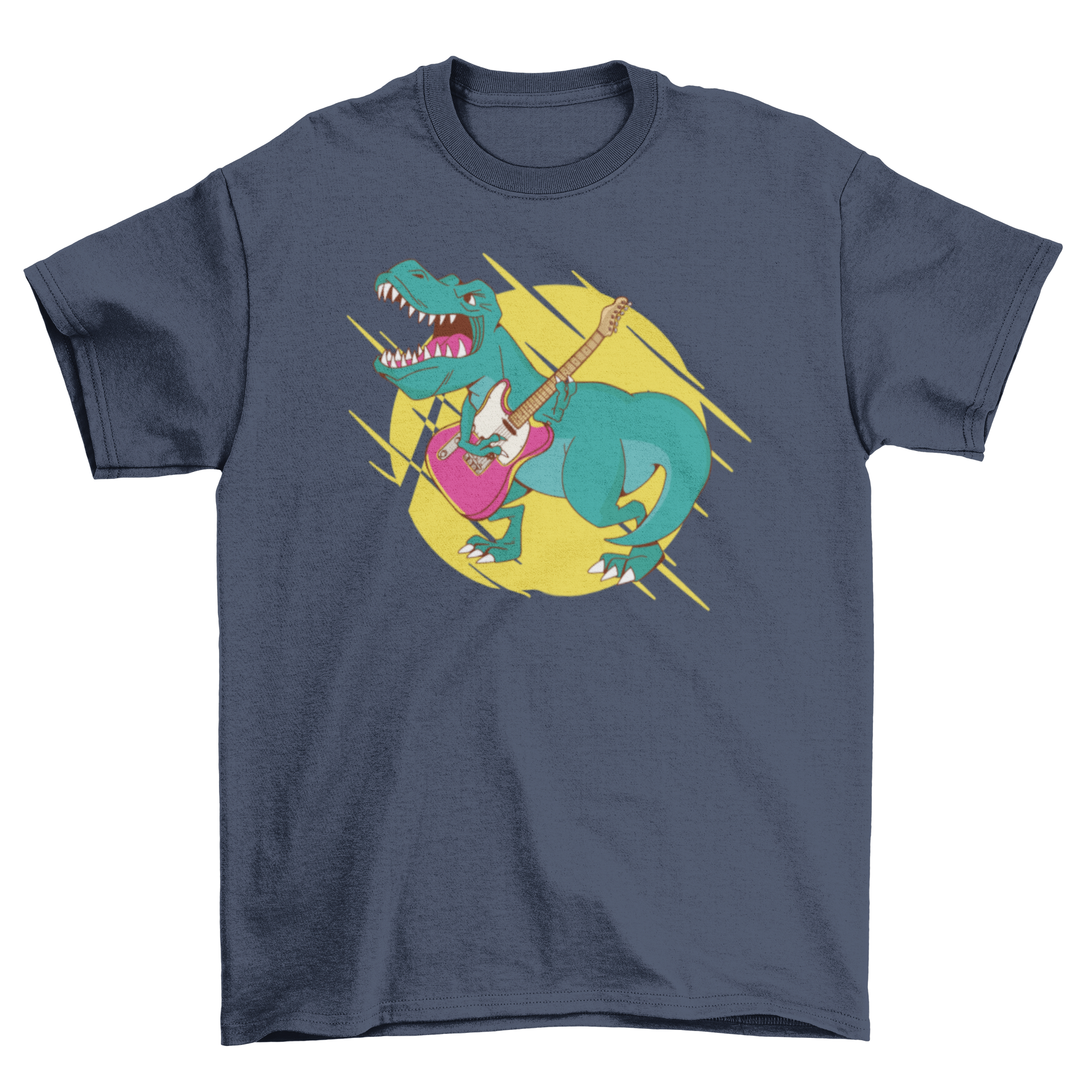 A vibrant t-shirt featuring a T-rex dinosaur playing a guitar, showcasing a fun and unique design.